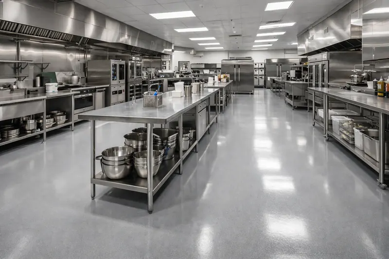 Quartz broadcast epoxy floor in an Orlando commercial kitchen — slip-resistant textured finish