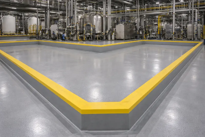 Industrial epoxy floor in an Orlando processing plant — chemical-resistant coating with safety-yellow curbing