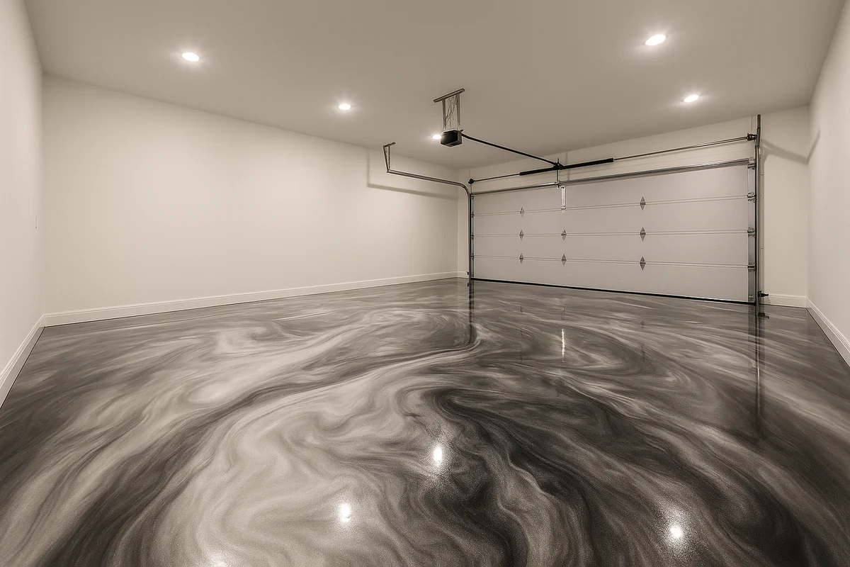 Metallic epoxy floor in Orlando — marbled two-tone pour with a reflective polyaspartic top coat